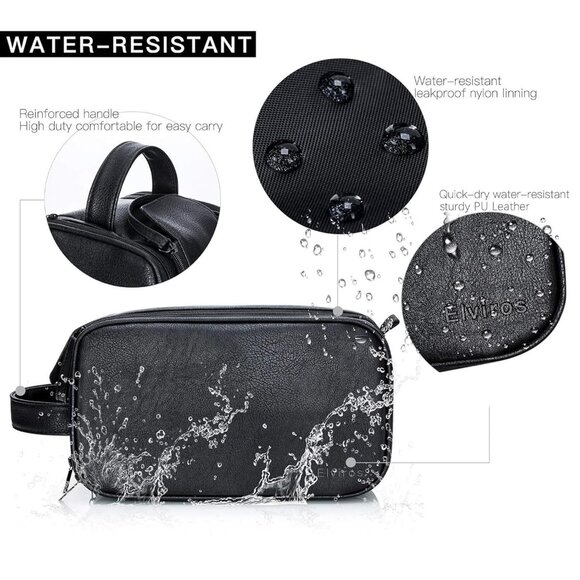 Elviros Toiletry Bag Large Travel Shaving Organizer  Black Leather 12"x6.7"x7.1" - Picture 2 of 11